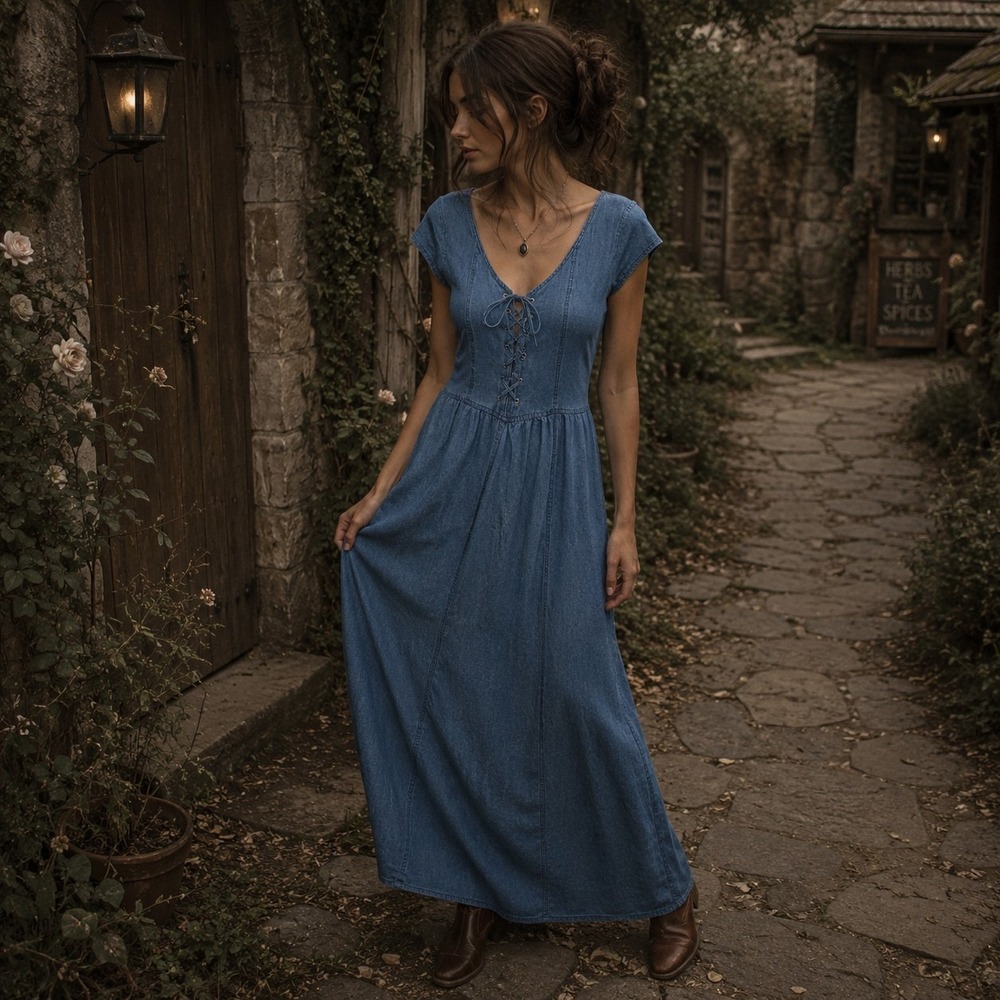 VTG Newport News Easy Style  Denim Maxi Dress 18 Ren Faire Tavern Wench Fantasy